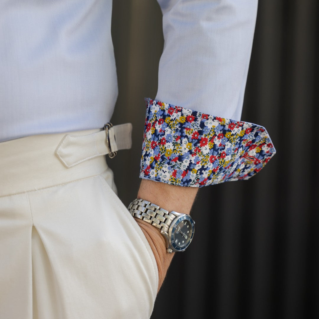 Camasa barbati bleu business casual cu detalii florale multicolore Merer
