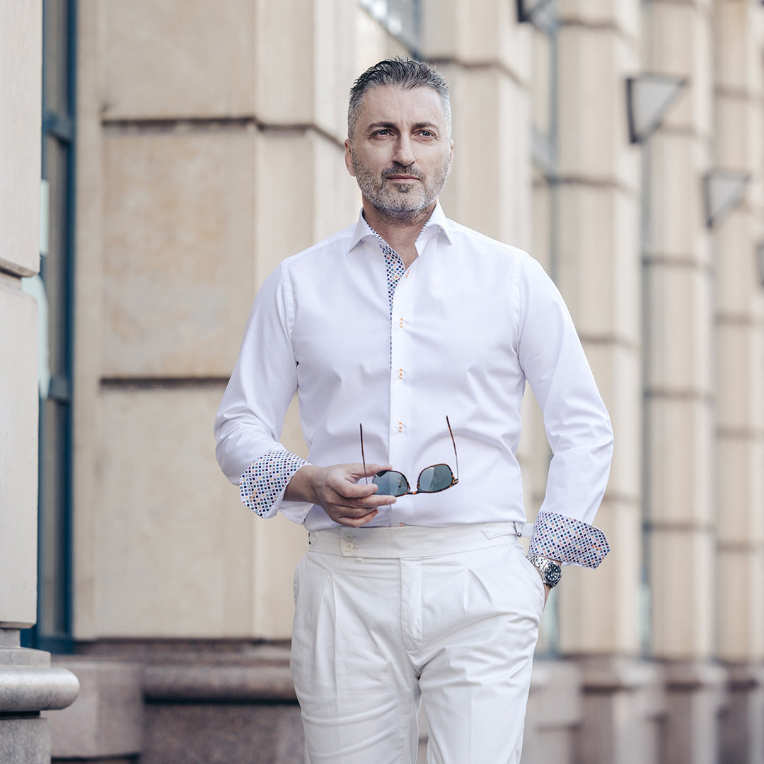 Camasa barbati alba cu garnitura multicolora business casual Merer