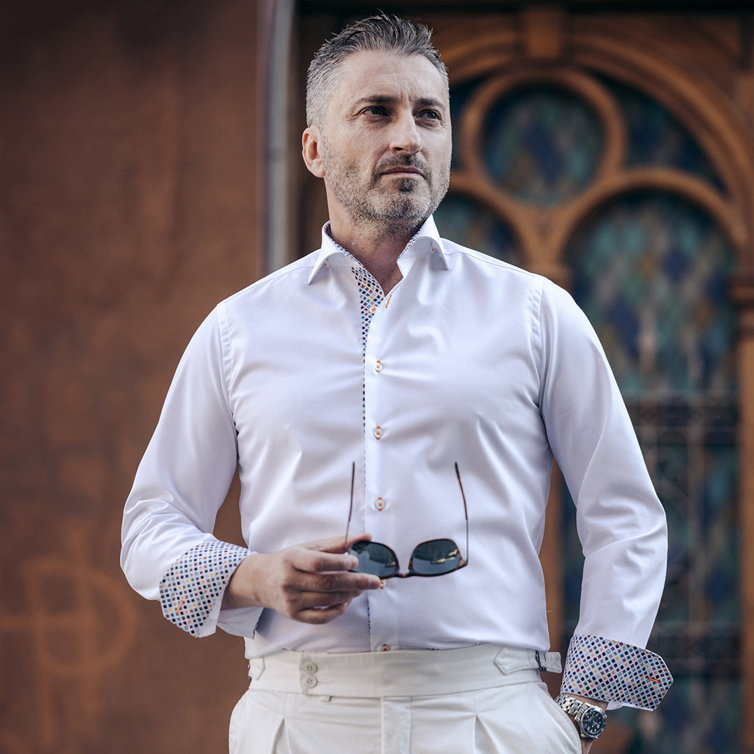 Camasa barbati alba cu garnitura multicolora business casual Merer