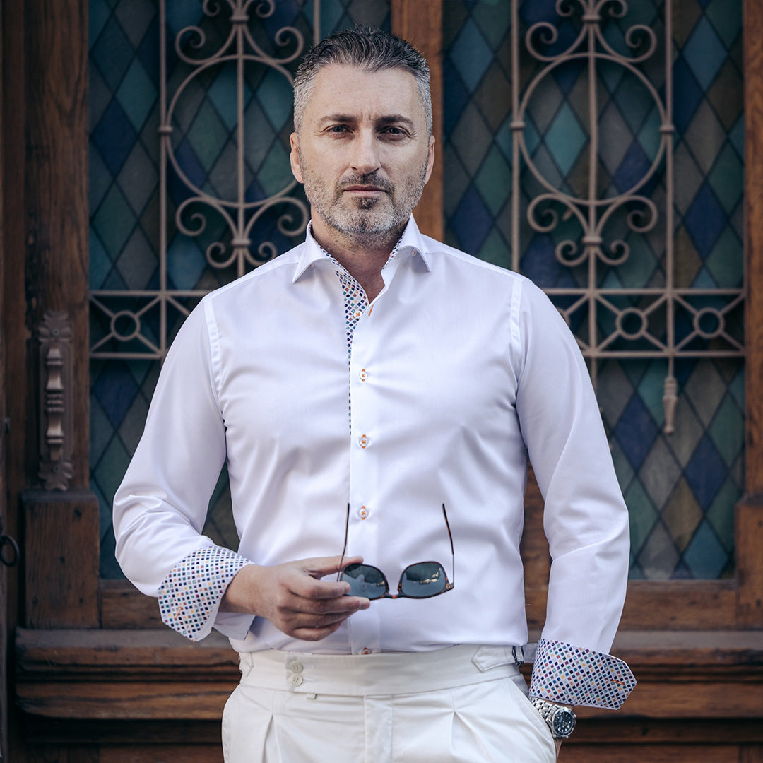 Camasa barbati alba cu garnitura multicolora business casual Merer