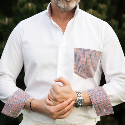 Camasa barbati alba business casual cu buzunar si garnituri in contrast Merer