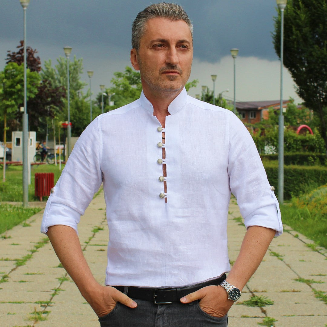 Camasa barbati casual alba din IN fenta partiala pentru barbatii cu tinuta atletica Merer