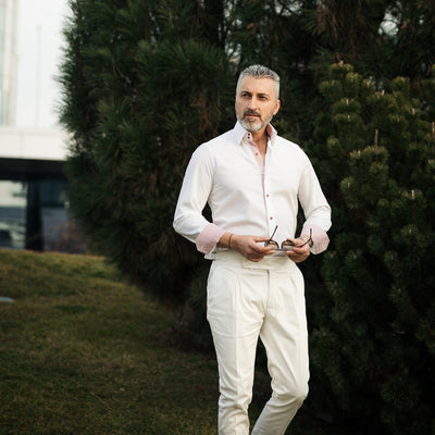 Camasa barbati alba business casual cu garnituri in contrast Merer