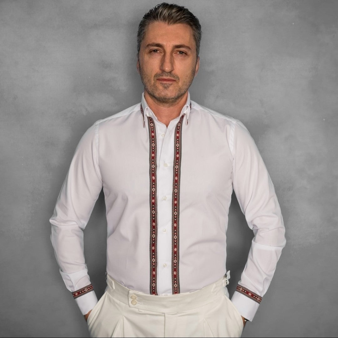 Men's casual white shirt with traditional red-black motifs Merer