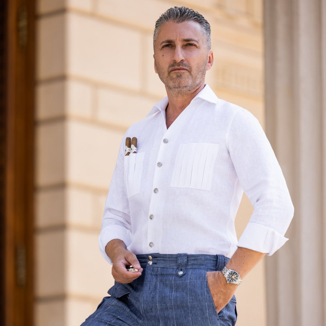 Camasa barbati alba din in cu buzunare suport Merer