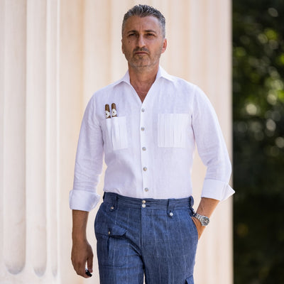 Camasa barbati alba din in cu buzunare suport Merer