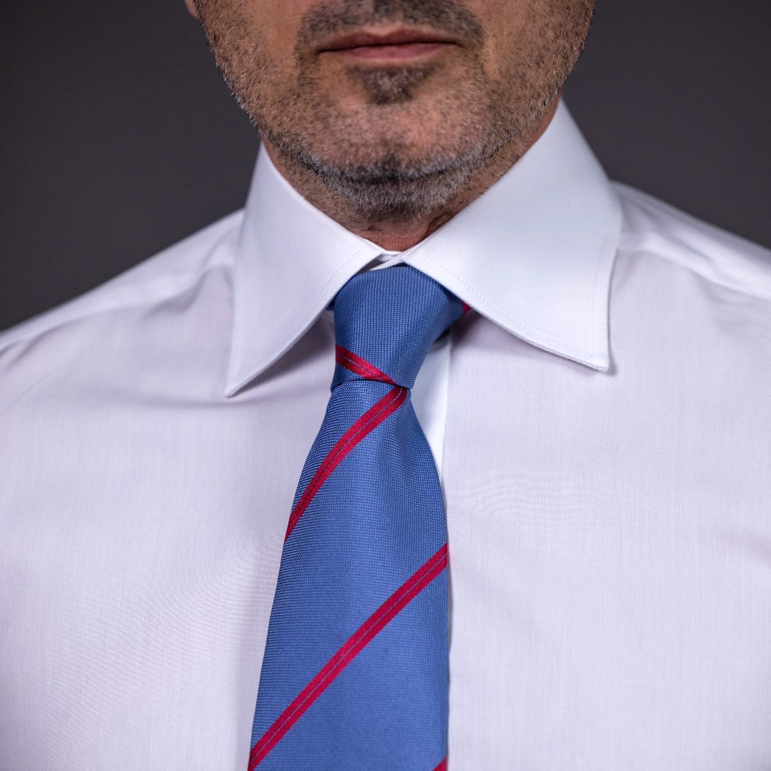 Men's white shirt with high collar, beveled cuffs, Merer buttons