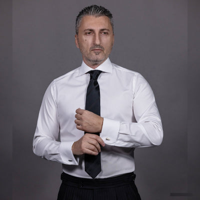 Camasa barbati alba cu guler open mansete duble butoni Merer