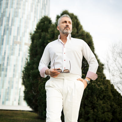 Camasa barbati alba business casual cu garnituri in contrast Merer