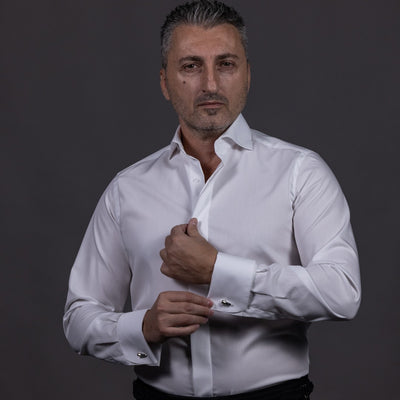 Camasa barbati alba cu guler open mansete duble butoni Merer