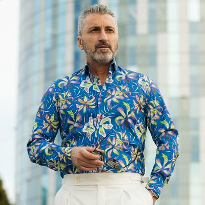 Men's casual shirt with blue print and large flowers Merer 