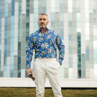 Men's casual shirt with blue print and large flowers Merer 