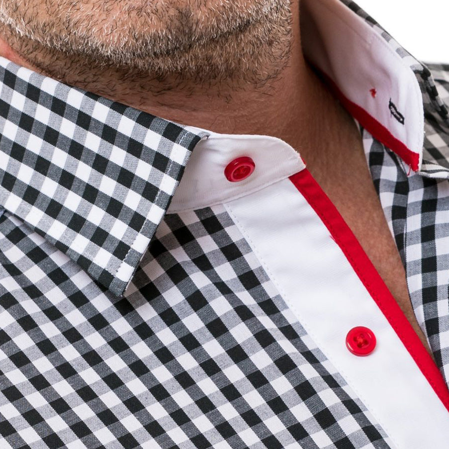 Men's casual black and white checked shirt with Merer design details