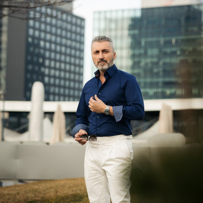 Camasa barbati casual bleumarin cu garnituri in contrast Merer