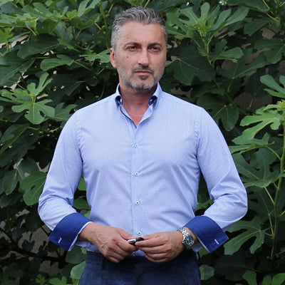 Men's blue business casual shirt with Merer design details