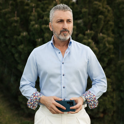 Men's blue business casual shirt with floral trims Merer 