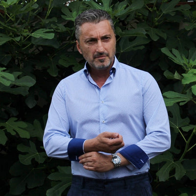 Men's blue business casual shirt with Merer design details