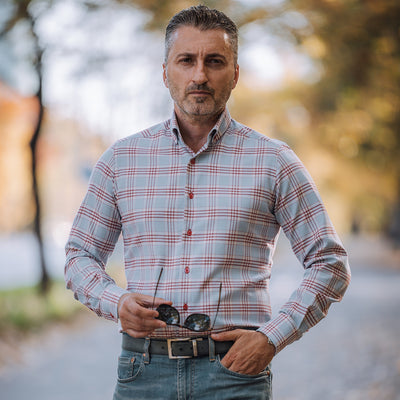 Men's casual blue shirt with red checks Merer