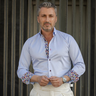 Camasa barbati bleu business casual cu detalii florale multicolore Merer