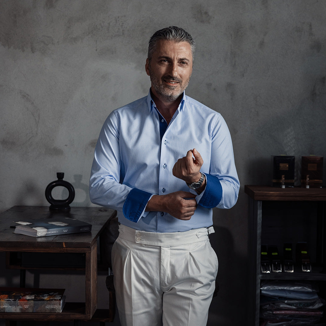 Camasa barbati business casual bleu pied de coq cu detalii design Merer