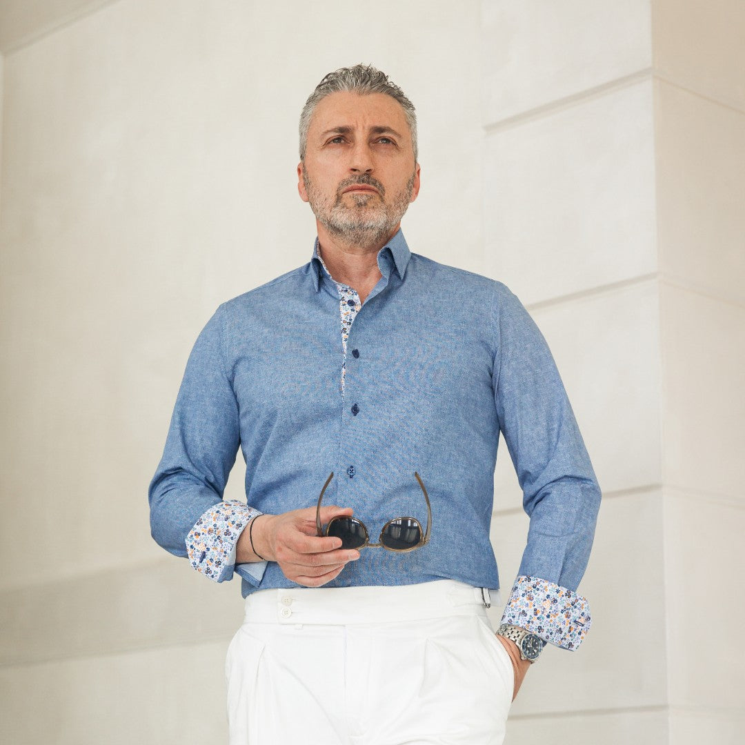 Camasa barbati casual bleu denim cu garnituri florale Merer