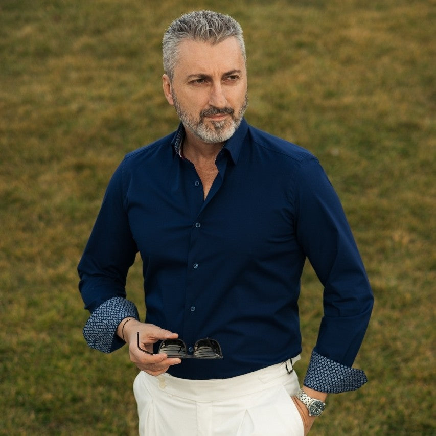 Camasa barbati casual bleumarin cu garnituri in contrast Merer