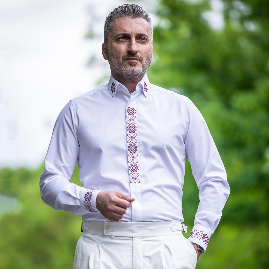 Men's casual white shirt with traditional motifs and navy blue and pink embroidery Merer