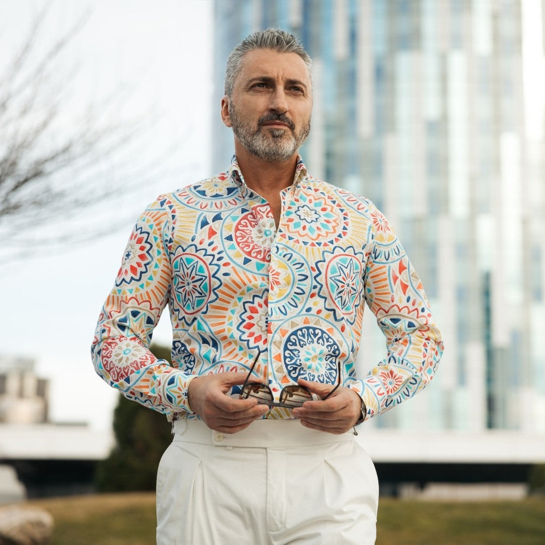 Men's casual white print shirt with tribal pattern Merer 