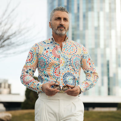 Men's casual white print shirt with tribal pattern Merer 