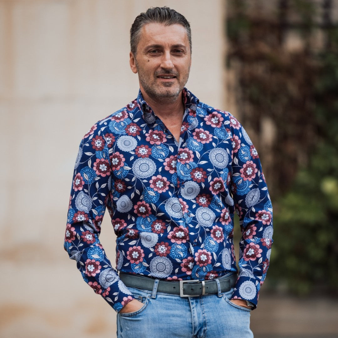 Camasa barbati casual imprimeu floral bleumarin Merer