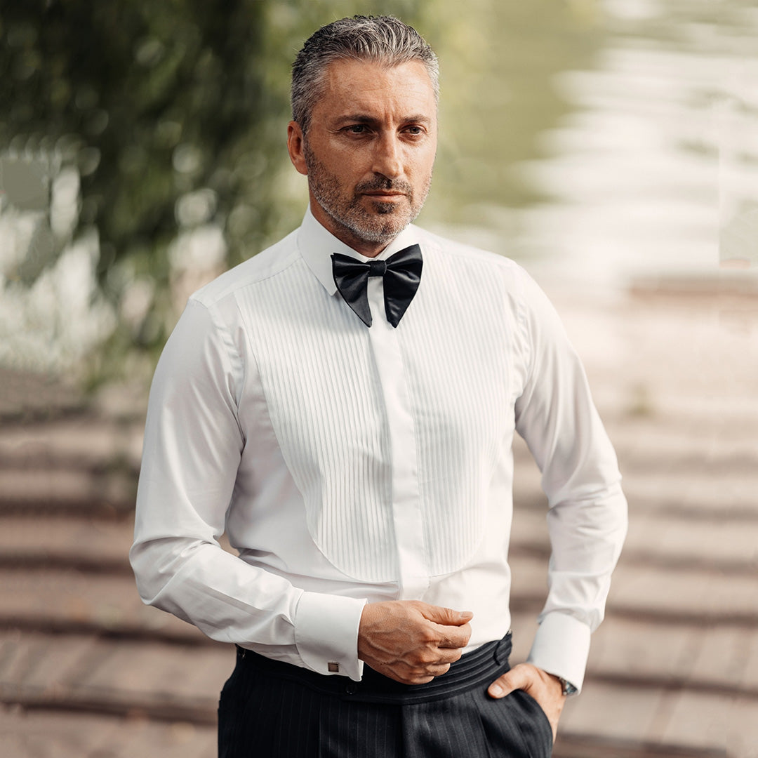 Men's white ceremonial shirt with short lamellar placket Merer