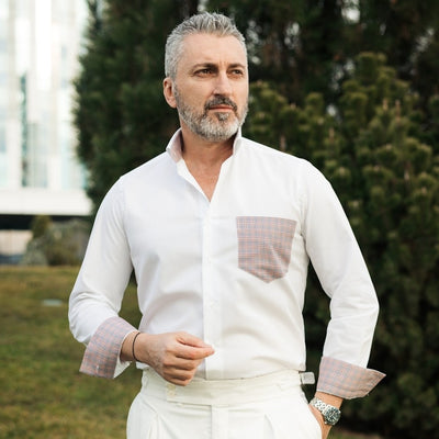 Camasa barbati alba business casual cu buzunar si garnituri in contrast Merer