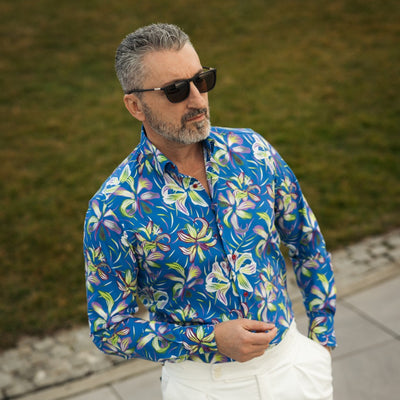 Men's casual shirt with blue print and large flowers Merer 