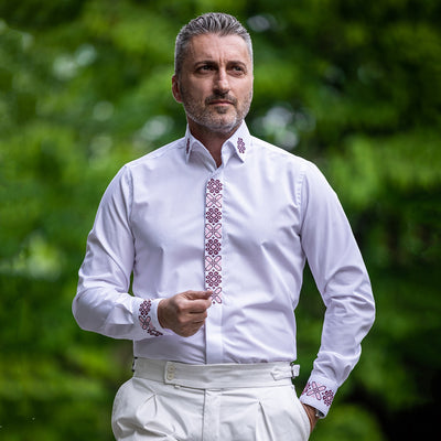 Men's casual white shirt with traditional motifs and navy blue and pink embroidery Merer