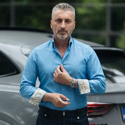 Men's casual shirt in navy-turquoise IN with Merer trims