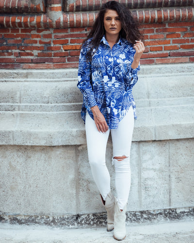 Camasa femei alba oversize model alb-albastru Merer