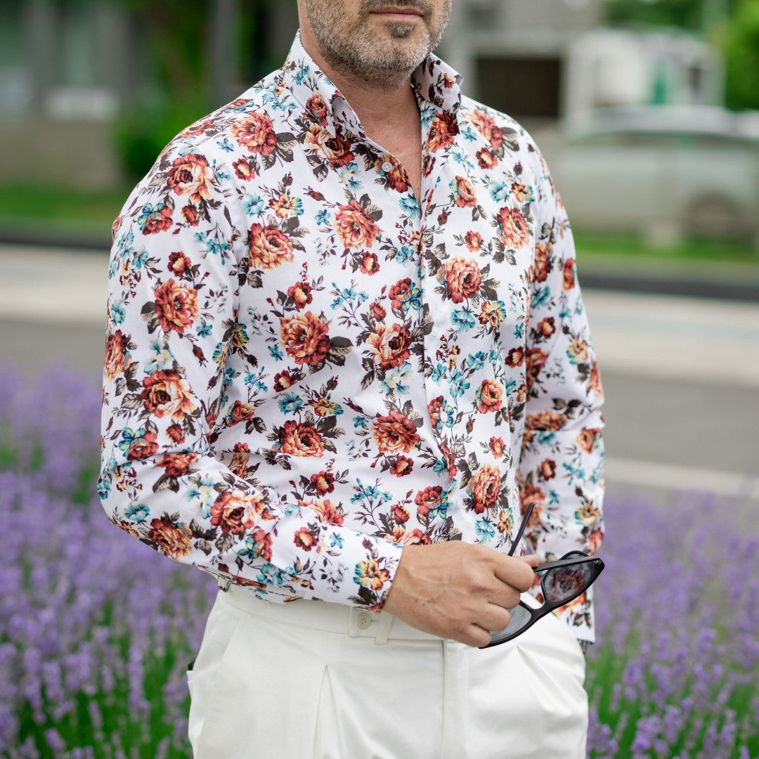 Camasa barbati casual alba imprimeu model floral Merer