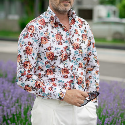 Camasa barbati casual alba imprimeu model floral Merer