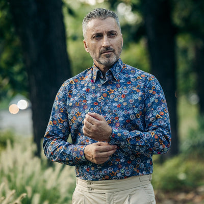 Men's casual blue printed shirt with floral pattern Merer 