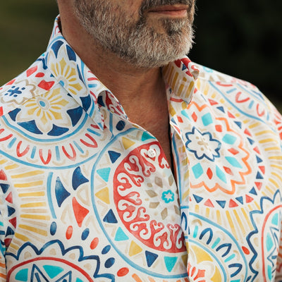 Men's casual white print shirt with tribal pattern Merer 