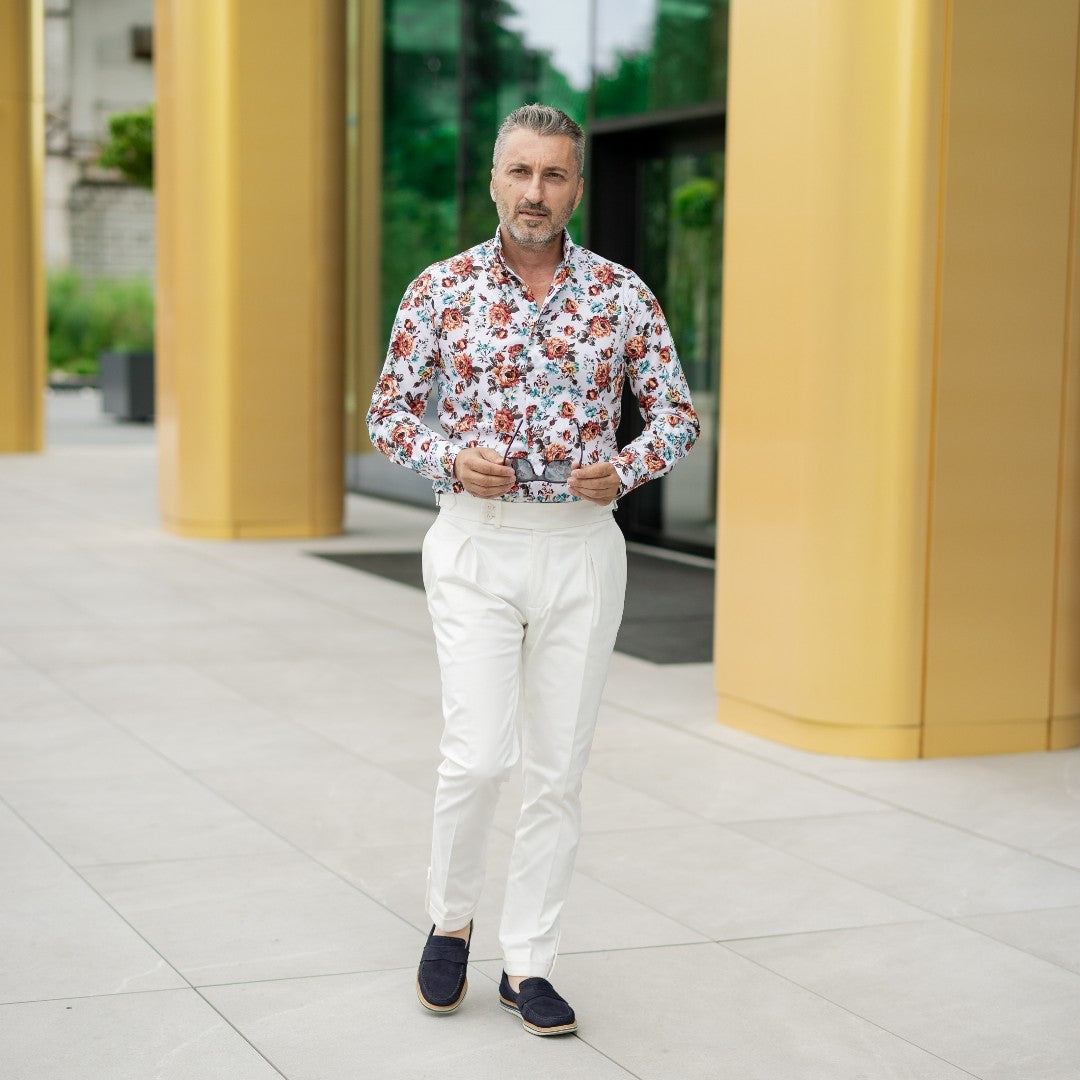 Camasa barbati casual alba imprimeu model floral Merer