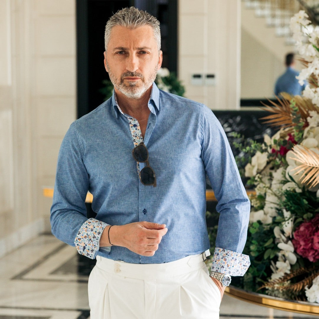 Camasa barbati casual bleu denim cu garnituri florale Merer