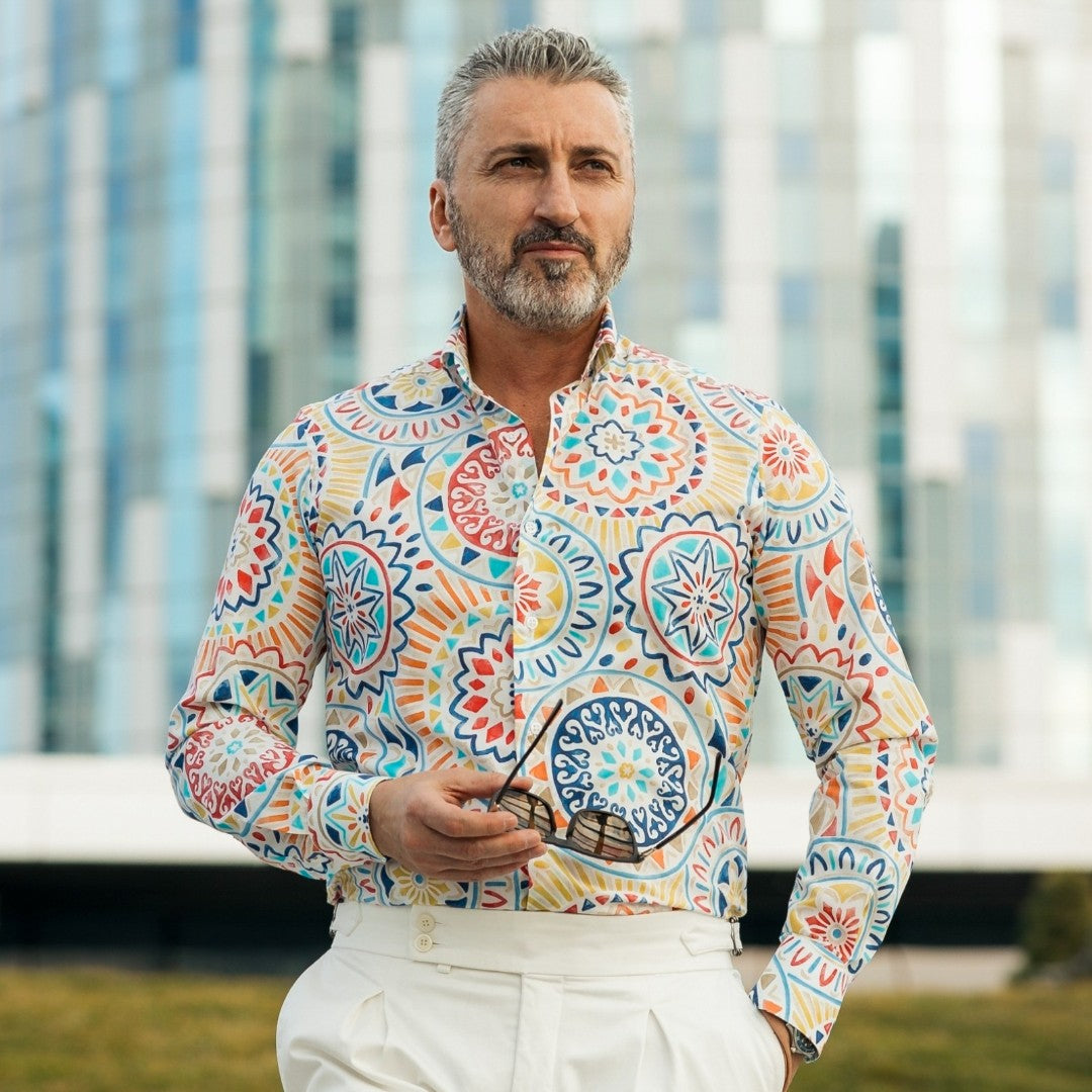 Camasa barbati casual imprimeu alba cu model tribal Merer