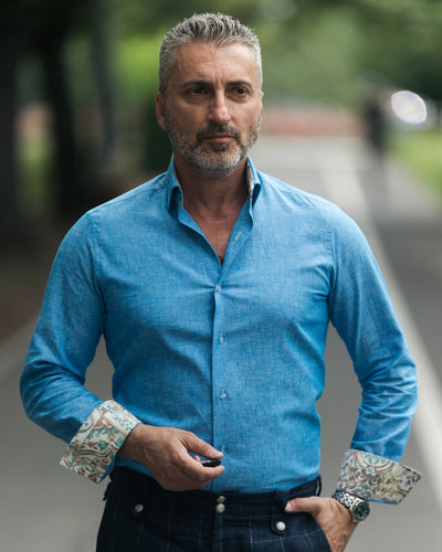 Men's casual shirt in navy-turquoise IN with Merer trims