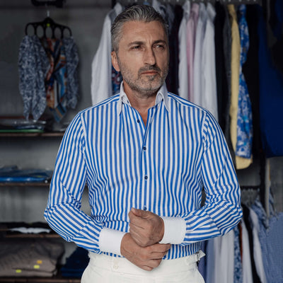 Camasa barbati business in dungi albastre cu guler si mansete albe Merer