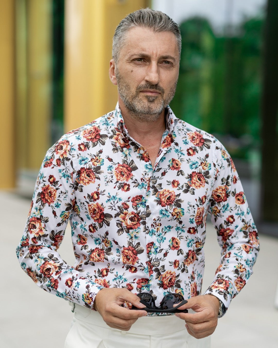 Camasa barbati casual alba imprimeu model floral Merer