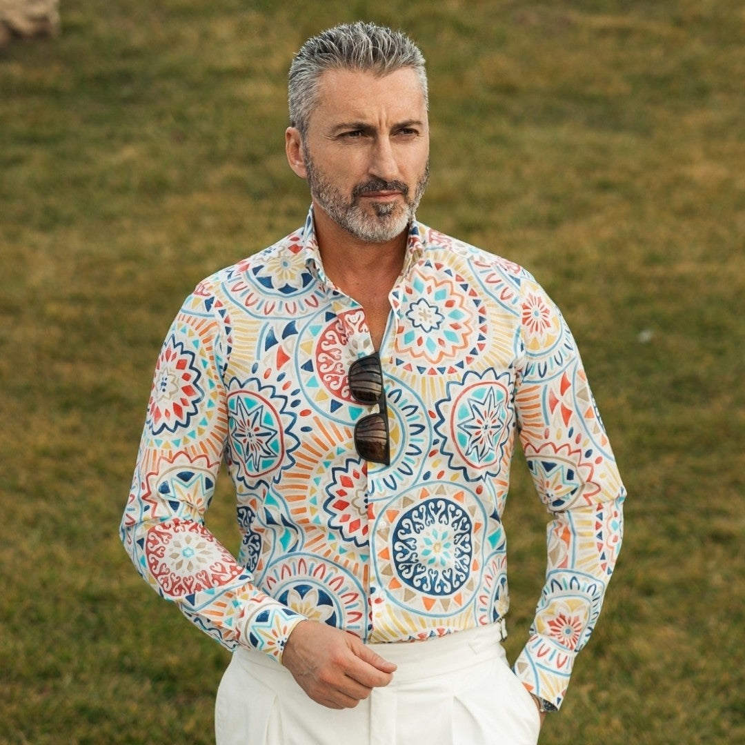 Men's casual white print shirt with tribal pattern Merer 