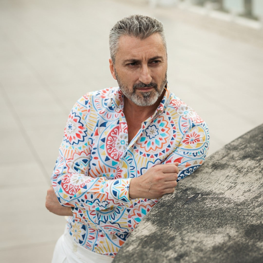 Men's casual white print shirt with tribal pattern Merer 