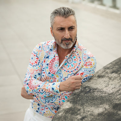 Men's casual white print shirt with tribal pattern Merer 