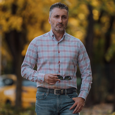 Men's casual blue shirt with red checks Merer